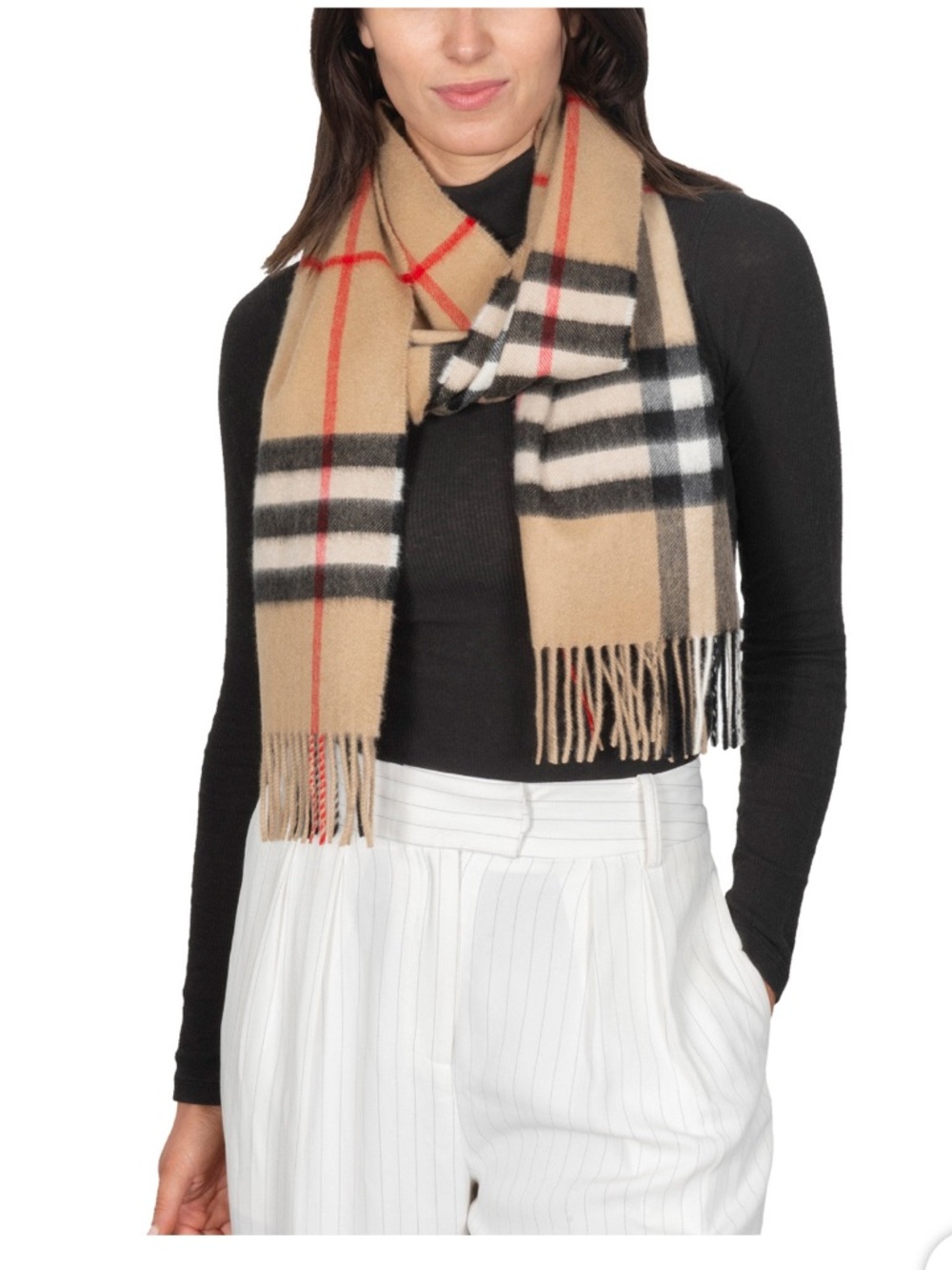 NEW Burberry Beige Check Cashmere Scarf with Black & Red Accents - Picture 5 of 5